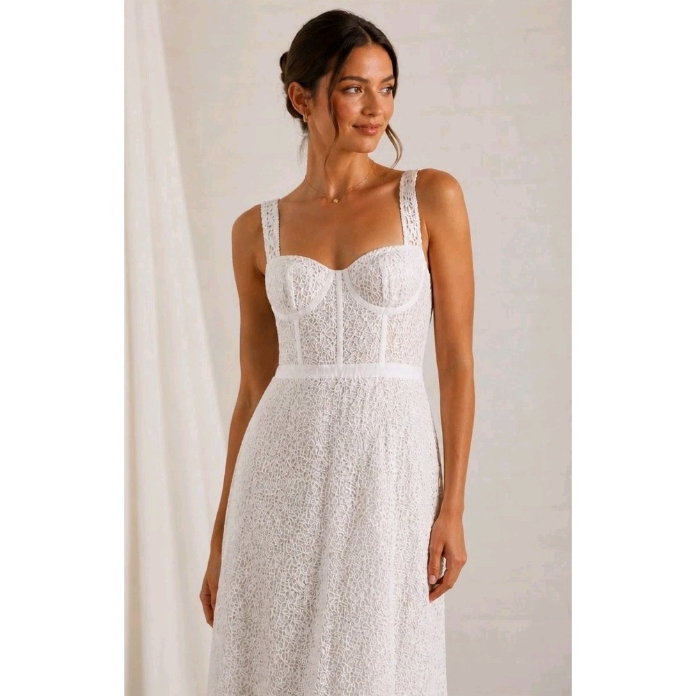 Jenny Yoo White Lace Midi Dress with Corset Bodice